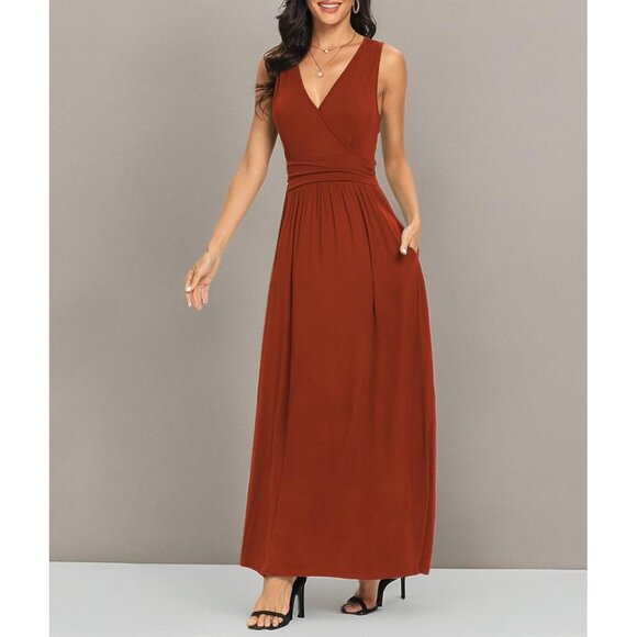 Women Caramel Deep V Neck Sleeveless Loose Plain Long Maxi Stretchy Dress - Picture 7 of 7